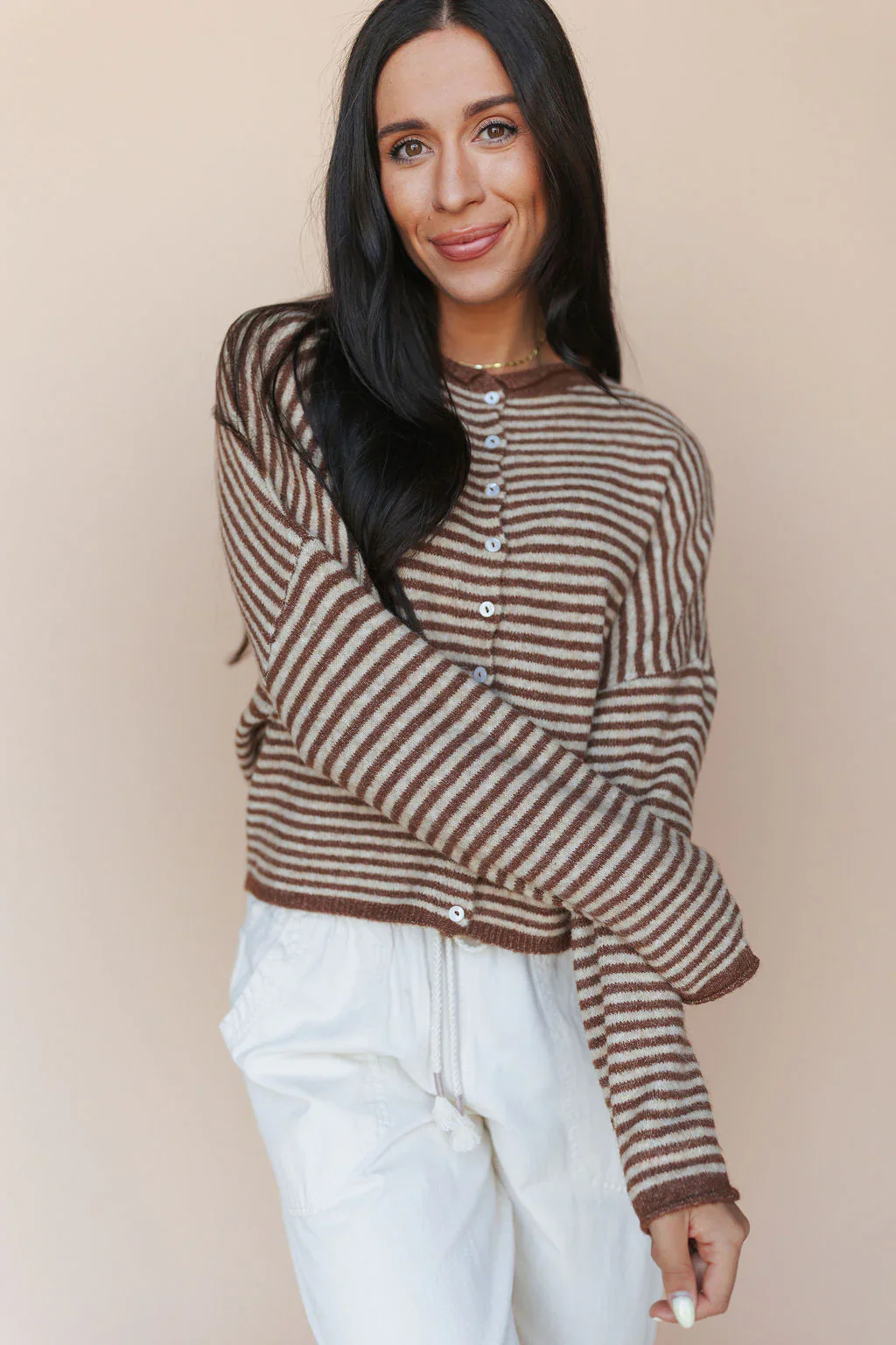 Piper Cardigan in Cocoa Pinstripe